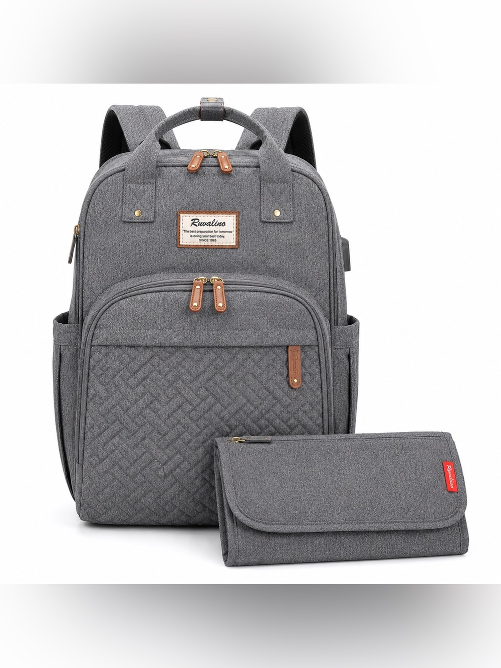 Ruvalino Diaper Bag Backpack Gray Quilted Baby Bag w Changing Pad Multi Pocket